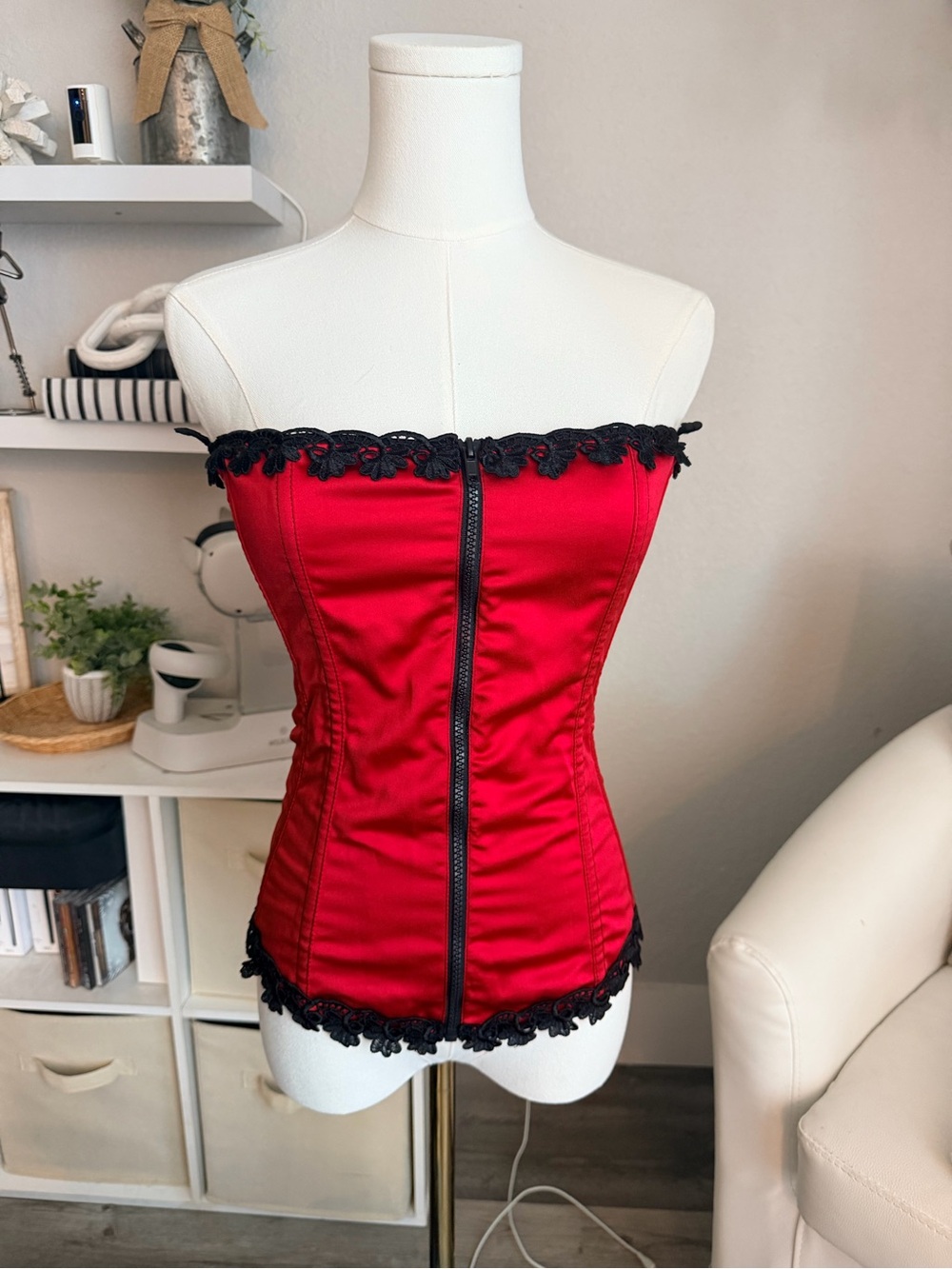 Red Strapless Corset with Black Lace Trim